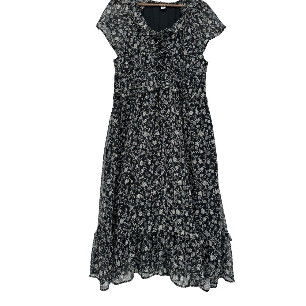 Old Navy Maxi Dress‎ XLBlack White ditzy Floral tiered ruffle cottagecore fairy
